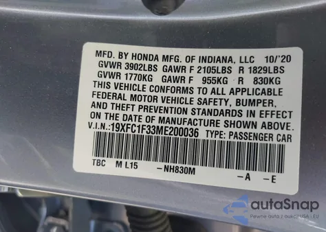 2021 Honda Civic Ex из США, поврежденный, VIN 19XFC1F33ME200036